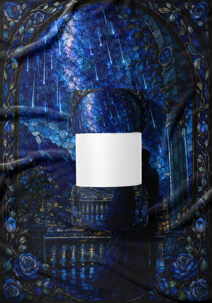 Rolled fabric with a blue stained glass starry night sky and rose border.