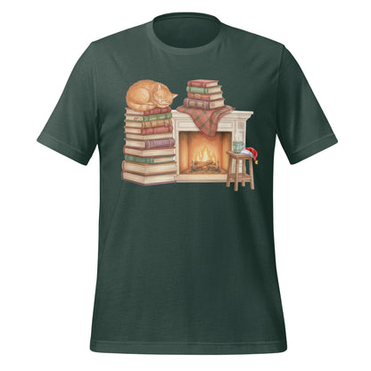 Cozy Cat by the Fireplace on Books T-Shirt