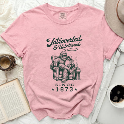 Pink t-shirt with Bigfoot reading and "Introverted & Unbothered Since 1873" graphic.
