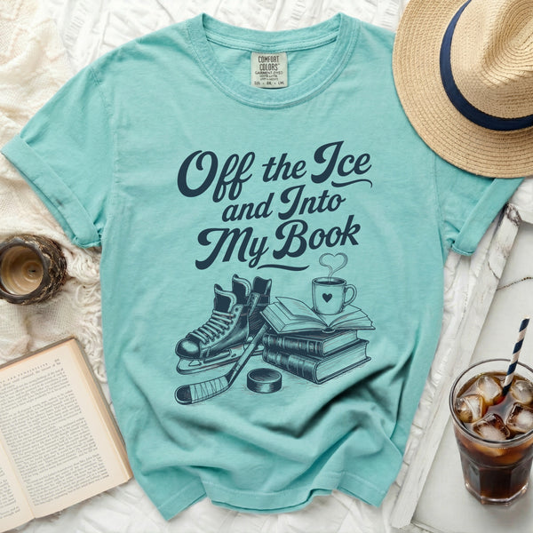 Off the Ice & Into My Book Hockey Reader Tee in Island Reef