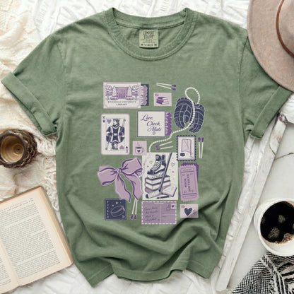 T-shirt with pastel illustrations of library cards, hockey gear, and romantic movie tickets.