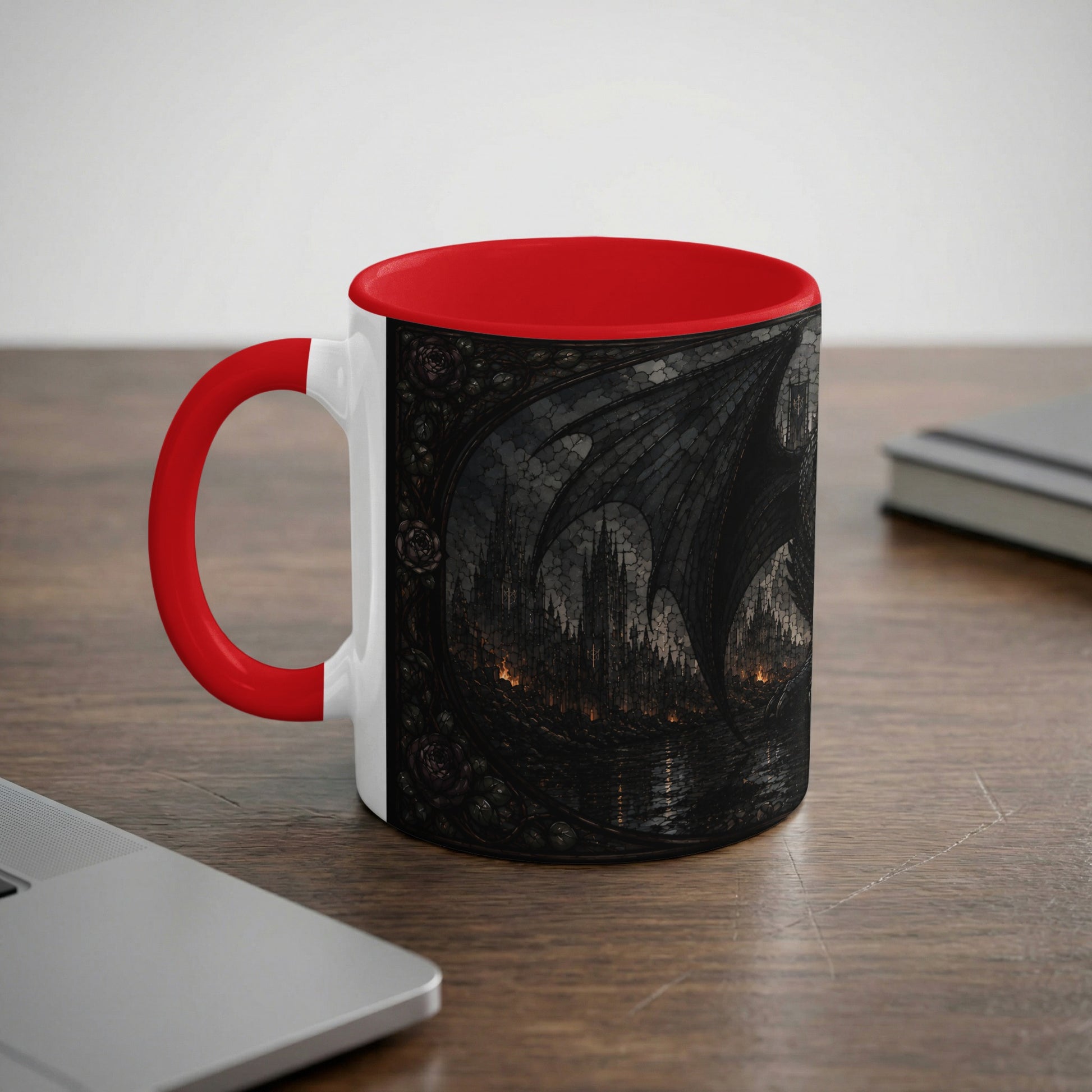 White mug with red handle and interior, featuring dragon wings and a gothic city.