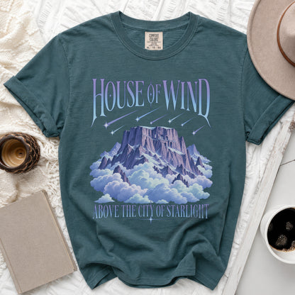 Teal t-shirt with "House of Wind Above the City of Starlight" graphic.