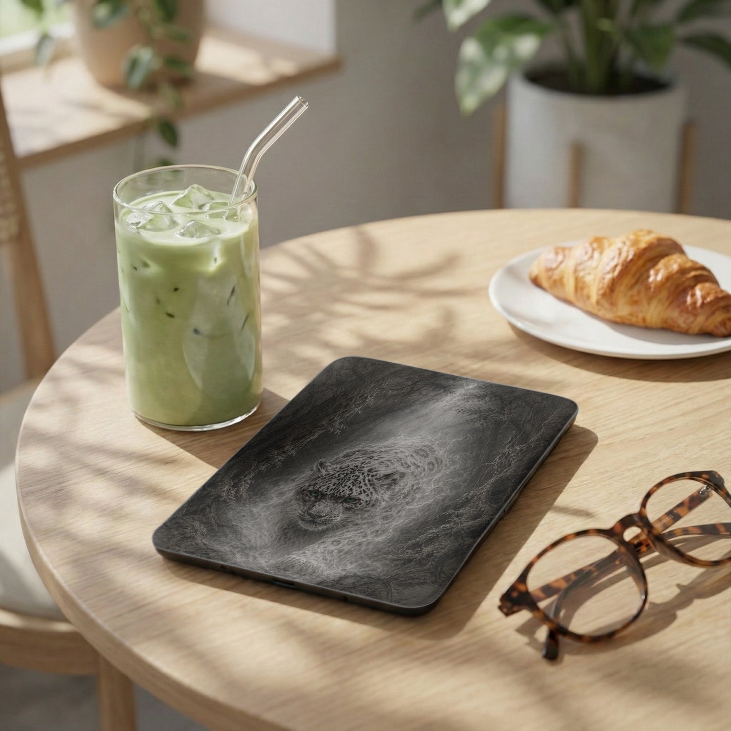 Black device with leopard design next to iced matcha and croissant.