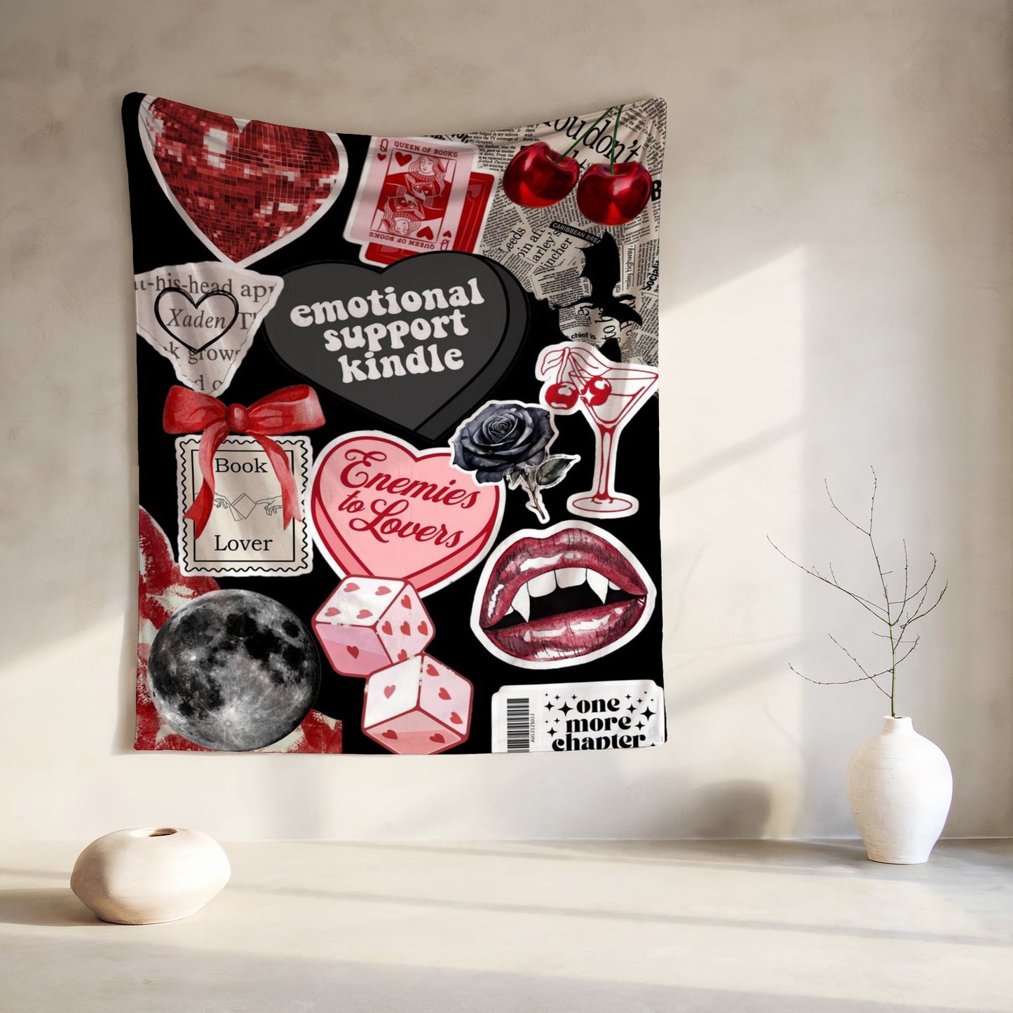 Collage of gothic romance and vampire-themed stickers on a black background.