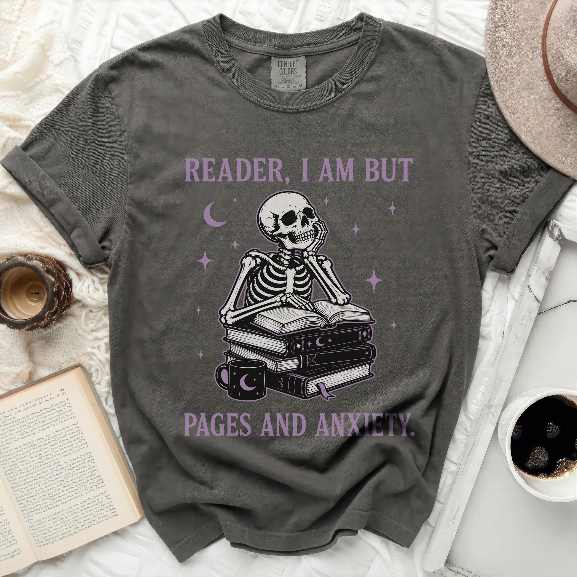 Skeleton reading books with text "READER, I AM BUT PAGES AND ANXIETY."