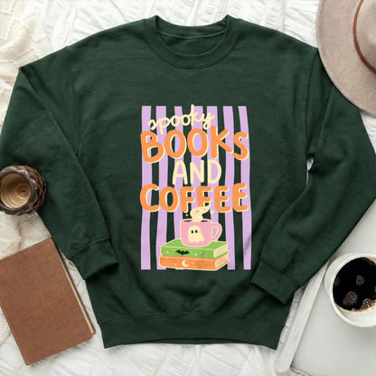Dark green sweatshirt with "Spooky Books And Coffee" graphic and Halloween imagery.