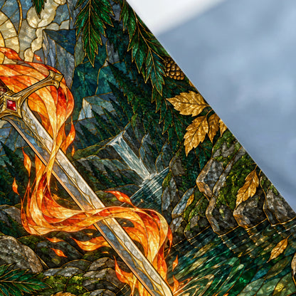 Stained glass art featuring a sword with flames and a forest waterfall scene.