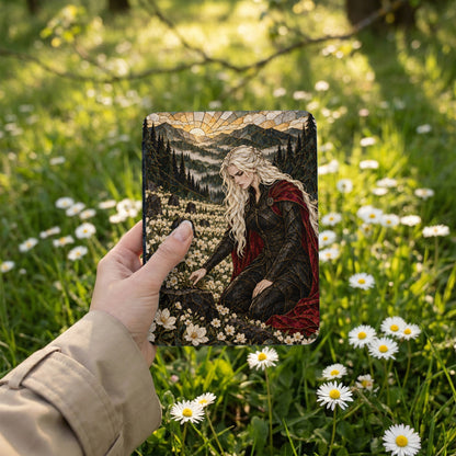 Cover with stained-glass art of a warrior in a field of flowers and mountains.