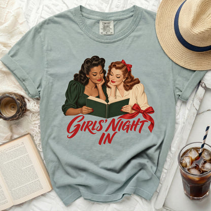 T-shirt with retro illustration of two women reading and "Girls' Night In" text.