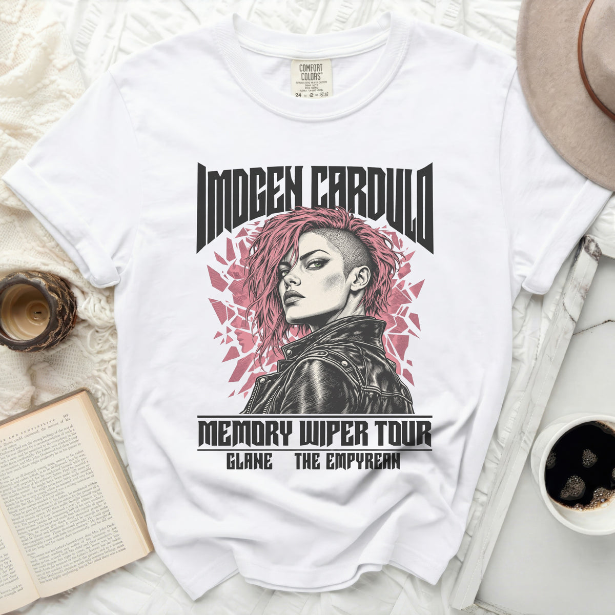 White t-shirt with "Imogen Cardulo Memory Wiper Tour" text and punk rock graphic.