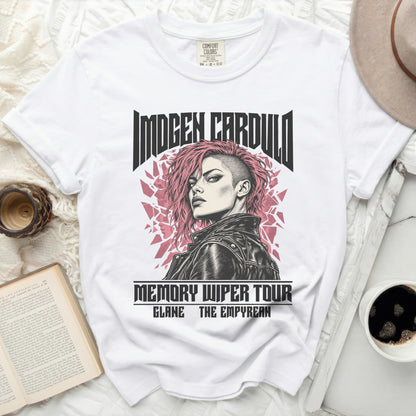 White t-shirt with "Imogen Cardulo Memory Wiper Tour" text and punk rock graphic.