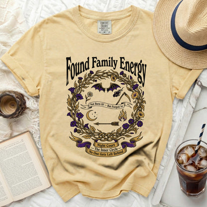 Yellow shirt with "Found Family Energy" and "Night Court - The Inner Circle - No One Gets Left Behind" text.