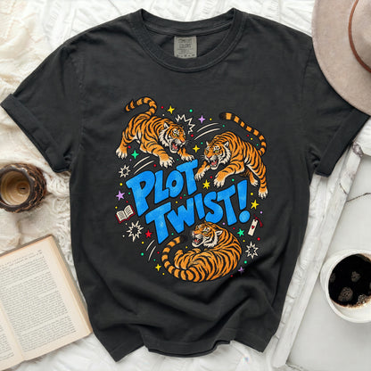 Black t-shirt with three tigers and "PLOT TWIST!" text design.