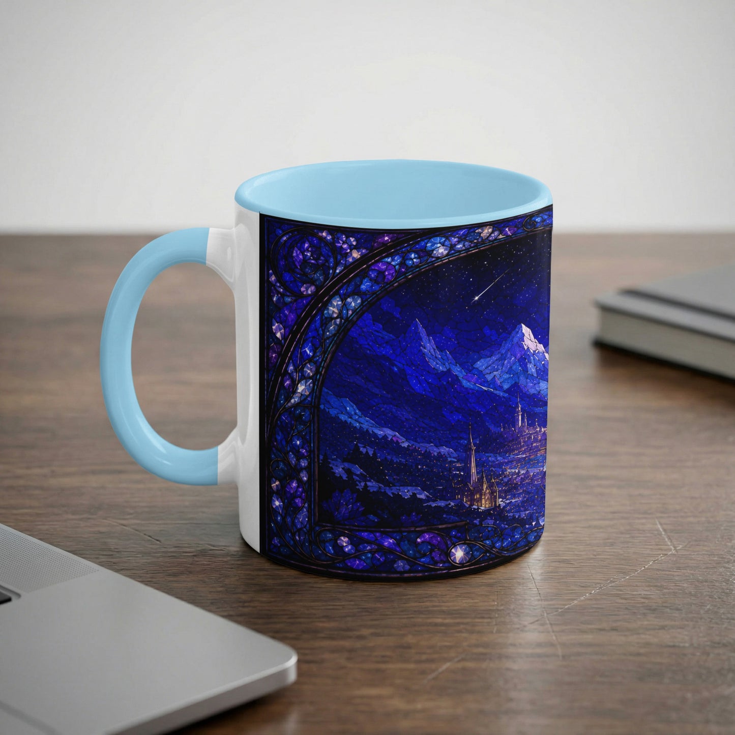 Mug with a blue interior and handle featuring a stained-glass design of a nighttime fantasy city.