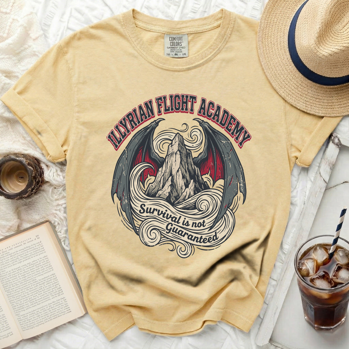 Illirian Flight Academy shirt with dragon wings and mountain graphic.