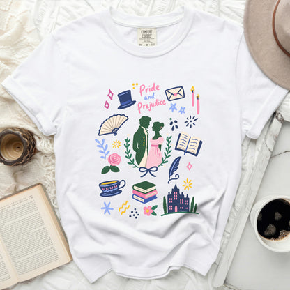 White t-shirt with "Pride and Prejudice" and literary illustrations.