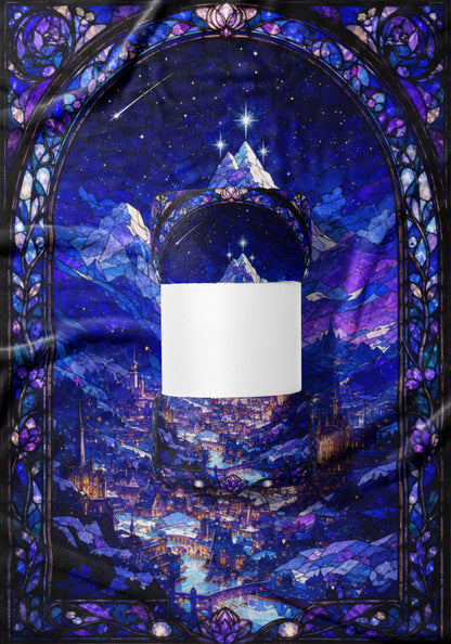 Stained glass art of a fantastical mountain city under a starry night sky with a shooting star.