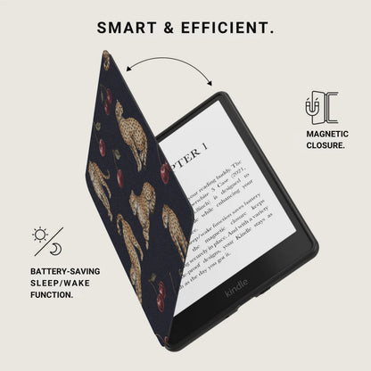 Kindle e-reader with a cheetah and cherry patterned case, magnetic closure, and battery-saving function.