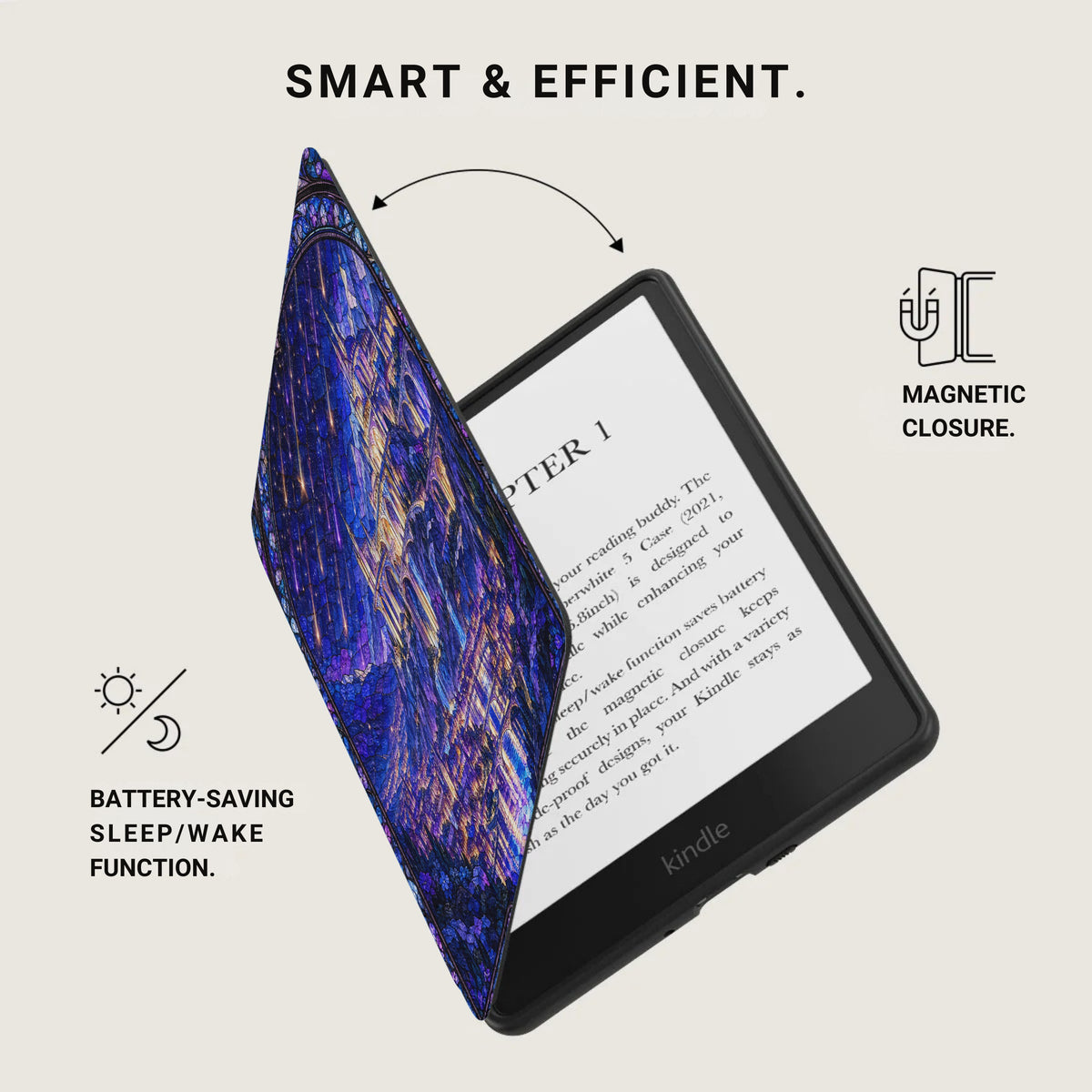 A Kindle e-reader in a blue stained-glass patterned case, highlighting magnetic closure and sleep/wake functions.