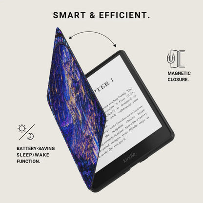 A Kindle e-reader in a blue stained-glass patterned case, highlighting magnetic closure and sleep/wake functions.