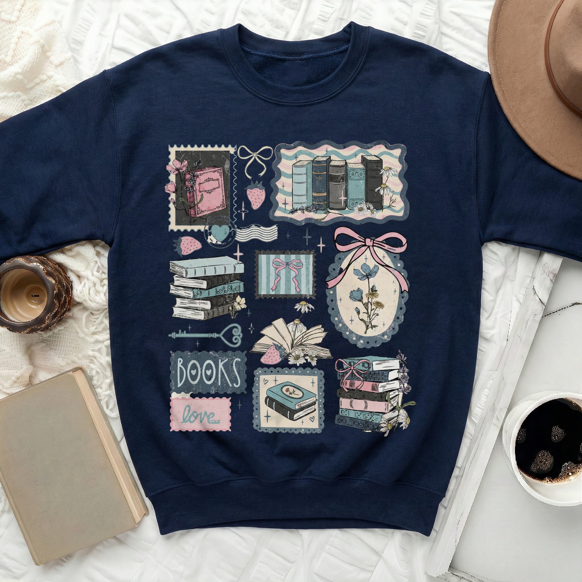 Whimsical Book Lovers Sweatshirt with Pastel Designs
