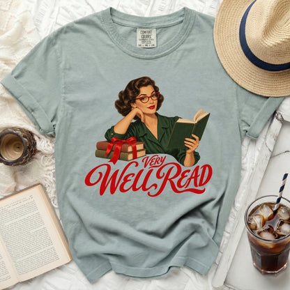 T-shirt with retro woman reading and "Very Well Read" text.