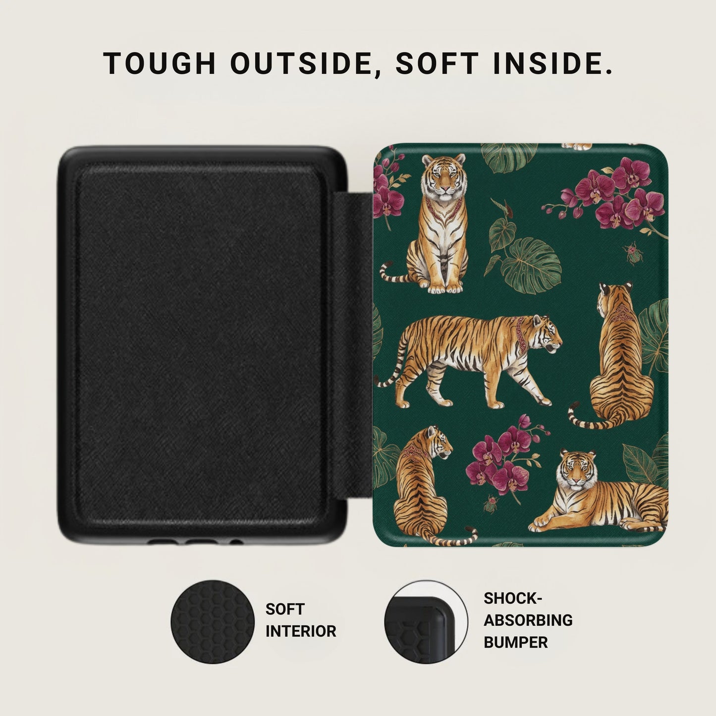 Black case open to show tiger and orchid pattern.