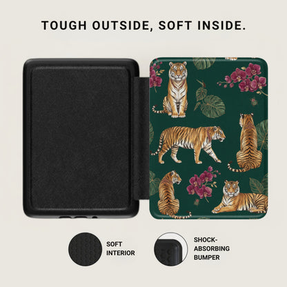 Black case open to show tiger and orchid pattern.