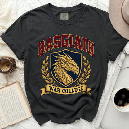 Dark grey t-shirt with "BASGIATH WAR COLLEGE" text and dragon crest graphic.