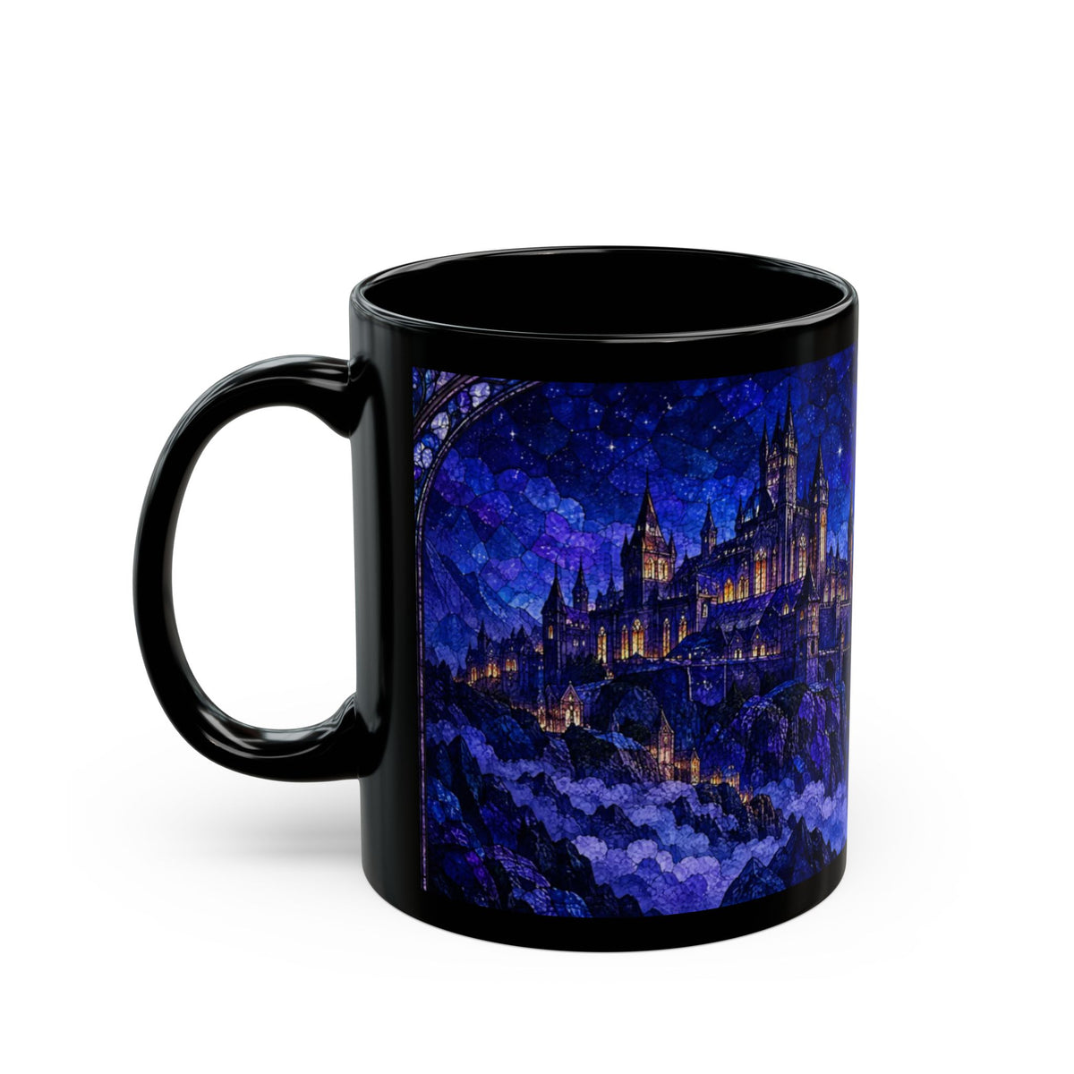 Black ceramic mug featuring a blue stained-glass style illustration of a fantasy castle at night.