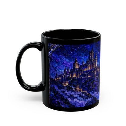 Black ceramic mug featuring a blue stained-glass style illustration of a fantasy castle at night.
