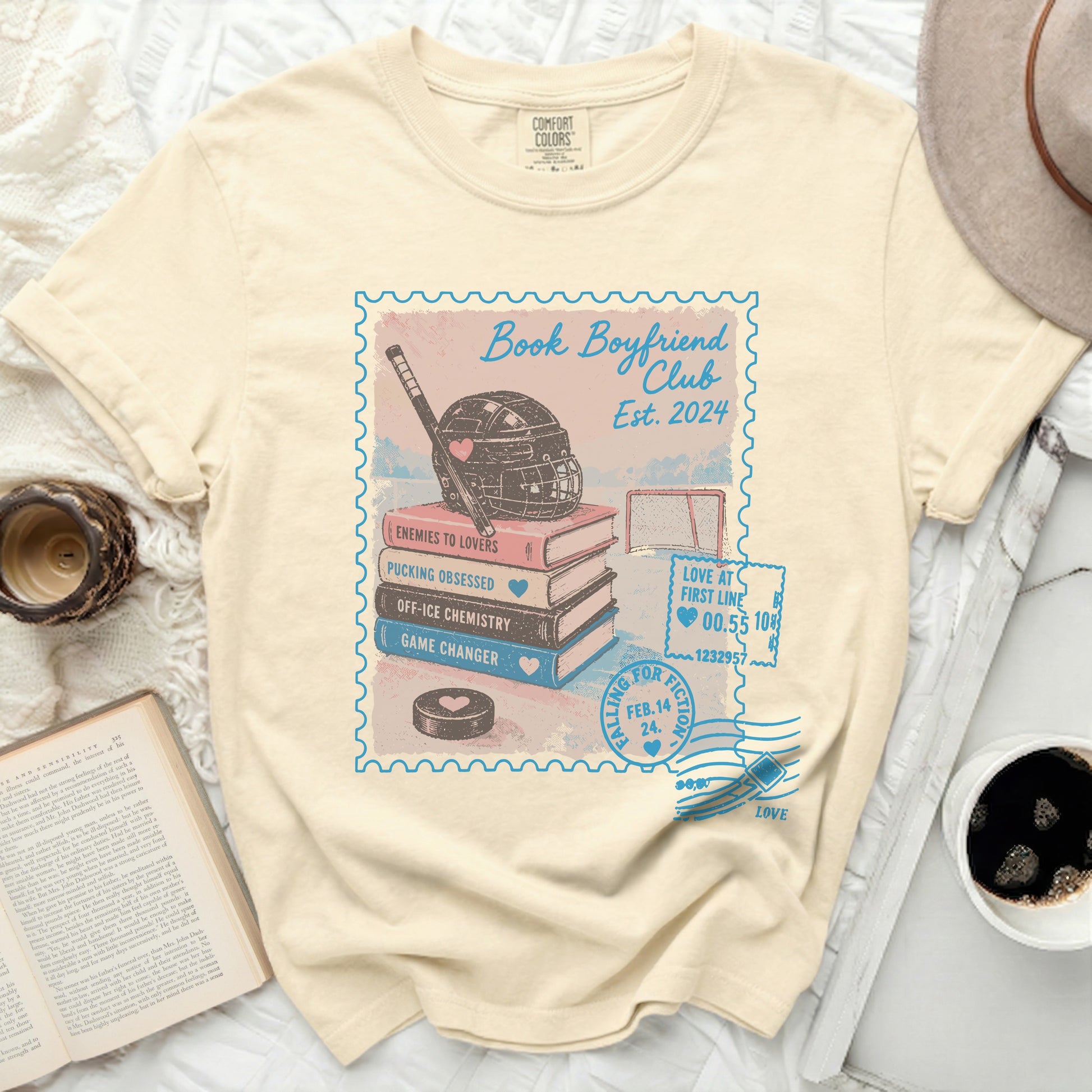 "Book Boyfriend Club Est. 2024" graphic on a cream t-shirt.