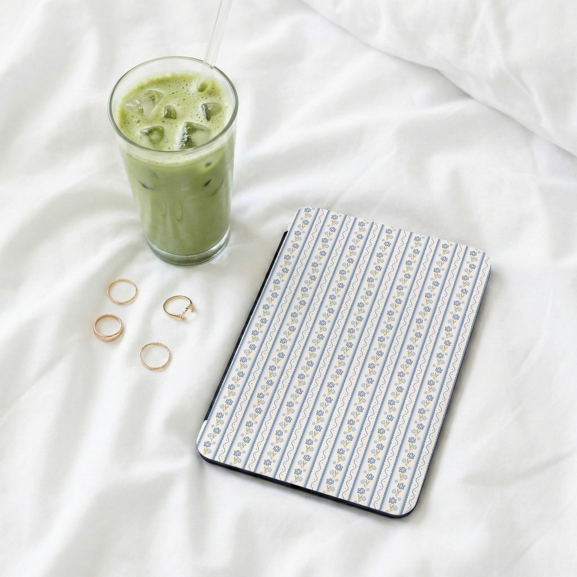 Floral Pattern Tablet Cover with Blue and Yellow Stripes