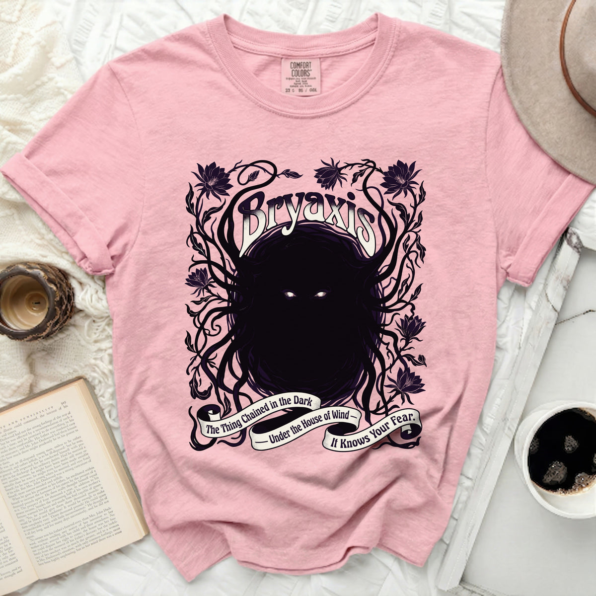 Pink Comfort Colors t-shirt with "Bryaxis" and gothic floral design.