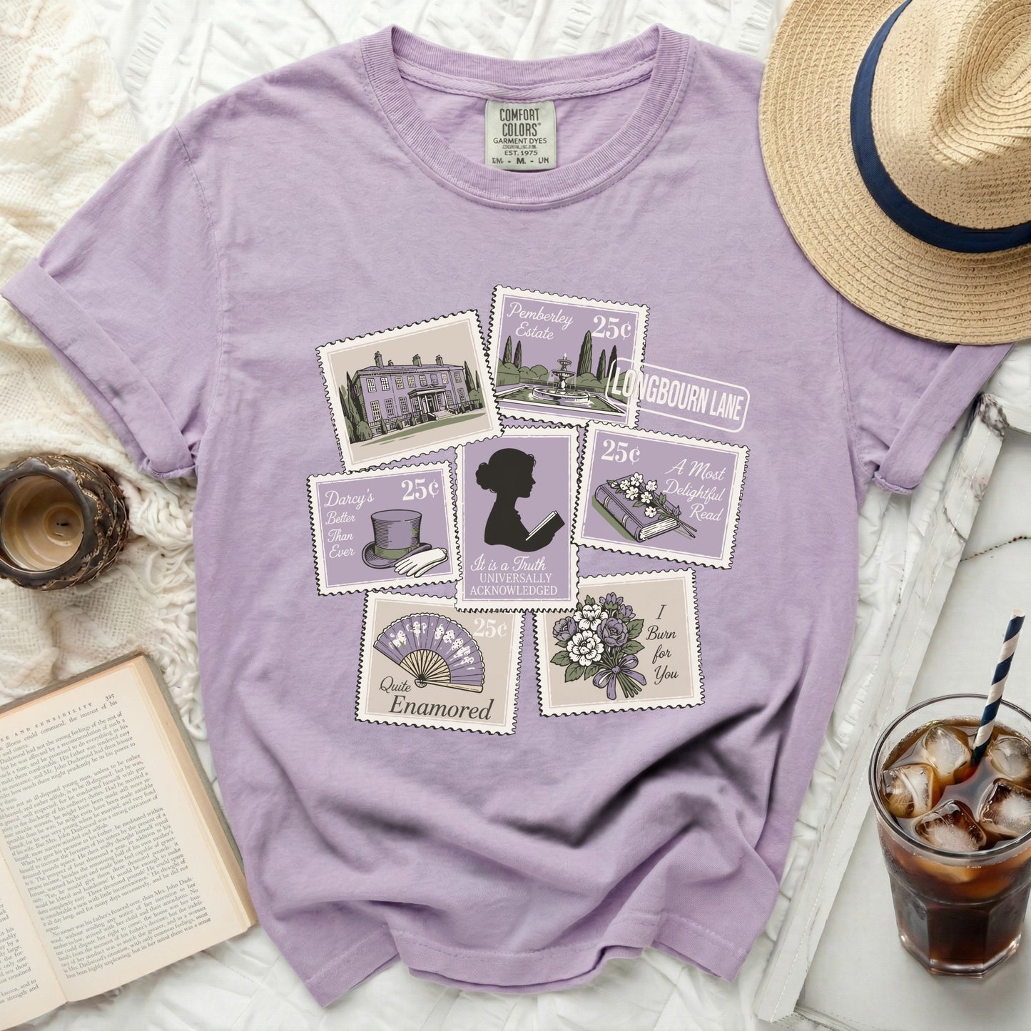 Lavender Comfort Colors shirt with postage stamps featuring Pride and Prejudice themes.