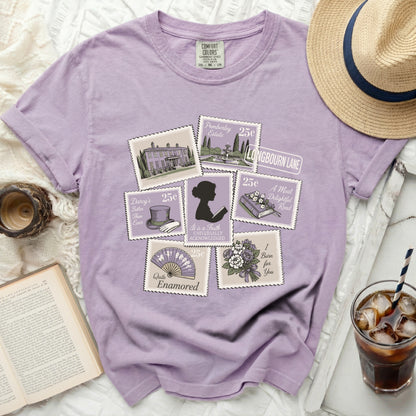 Lavender Comfort Colors shirt with postage stamps featuring Pride and Prejudice themes.