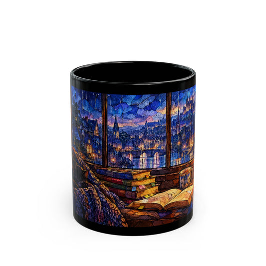 A black ceramic mug featuring a colorful stained-glass style illustration of a nighttime city view through a rainy window.