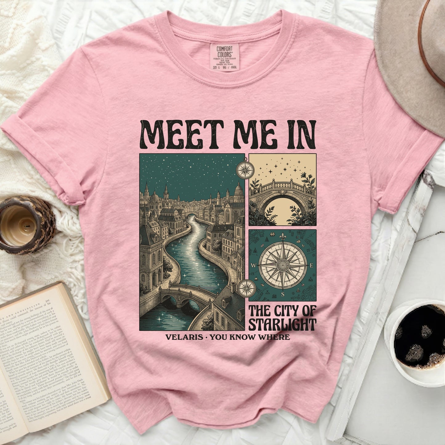 Pink t-shirt with "Meet Me In Velaris, You Know Where" and city art.