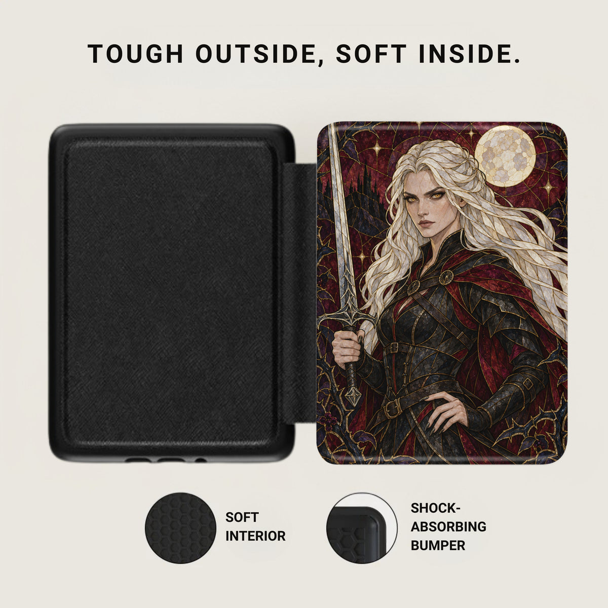 Black case with a warrior woman illustration, text "TOUGH OUTSIDE, SOFT INSIDE."