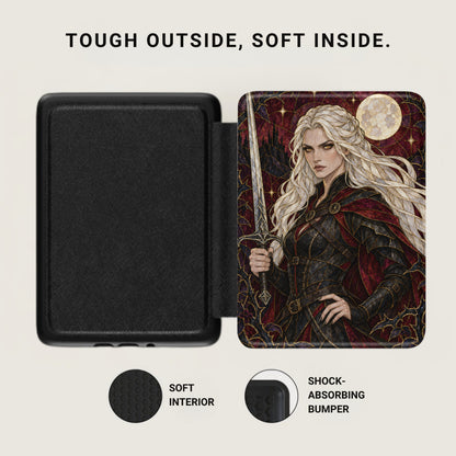 Black case with a warrior woman illustration, text "TOUGH OUTSIDE, SOFT INSIDE."