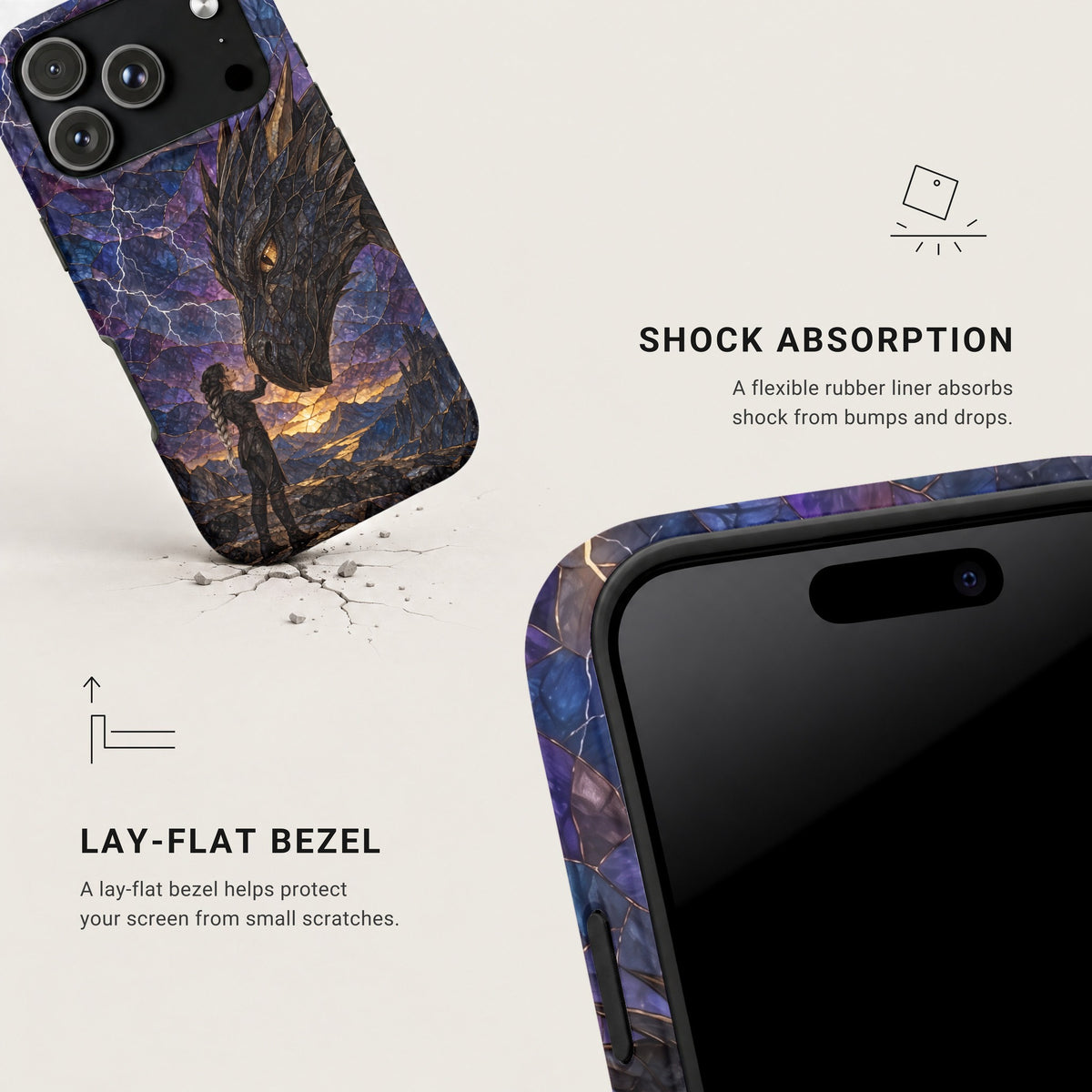 Two views of a phone case featuring a stained glass dragon design, highlighting shock absorption and lay-flat bezel features.