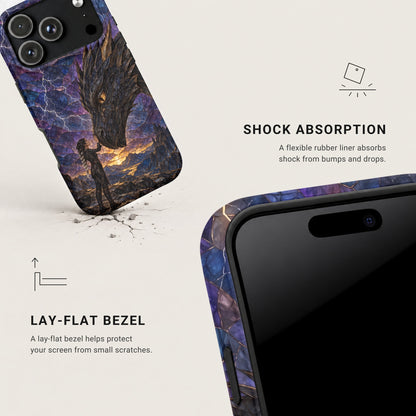 Two views of a phone case featuring a stained glass dragon design, highlighting shock absorption and lay-flat bezel features.