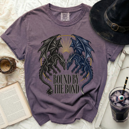 Purple t-shirt with black and blue dragons facing each other and text "Bound by the Bond".