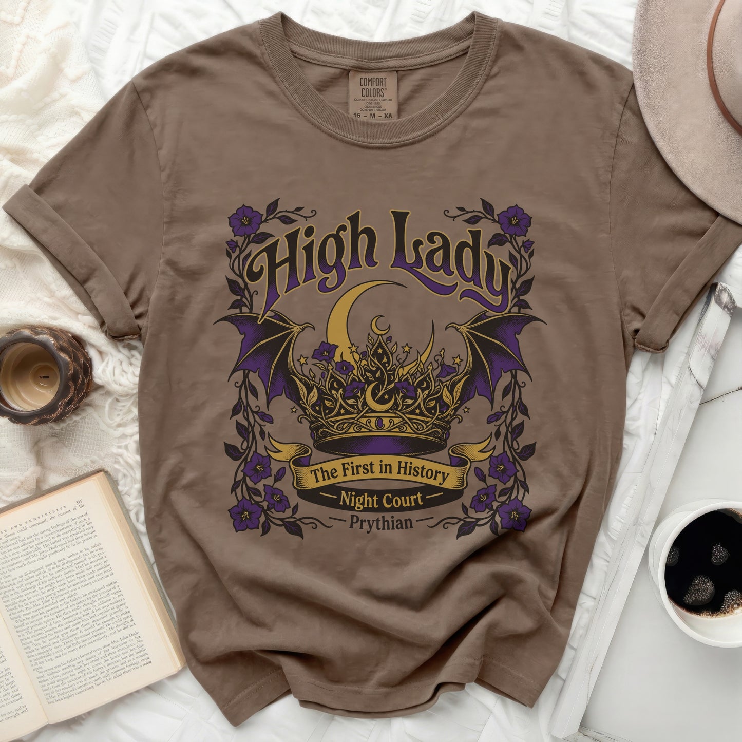 Brown t-shirt with "High Lady" crown, crescent moon, and bat wings design.