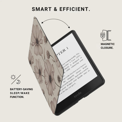 Kindle case with floral pattern, magnetic closure, and battery-saving sleep/wake function.