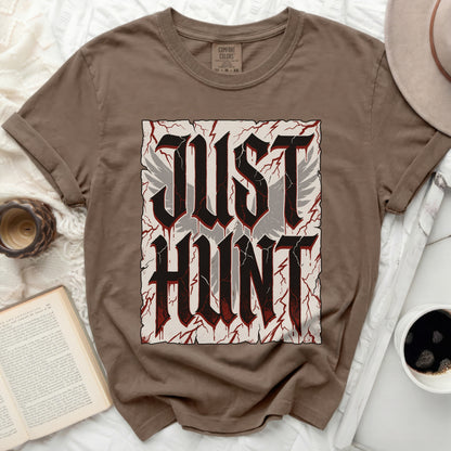 Brown t-shirt with "JUST HUNT" text in distressed gothic font and wings.
