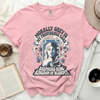 Pink t-shirt with "Morally Grey is My Providence" and graphic.