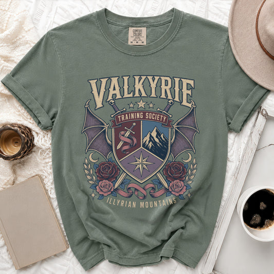 Green t-shirt with Valkyrie Training Society crest and Illryian Mountains text.