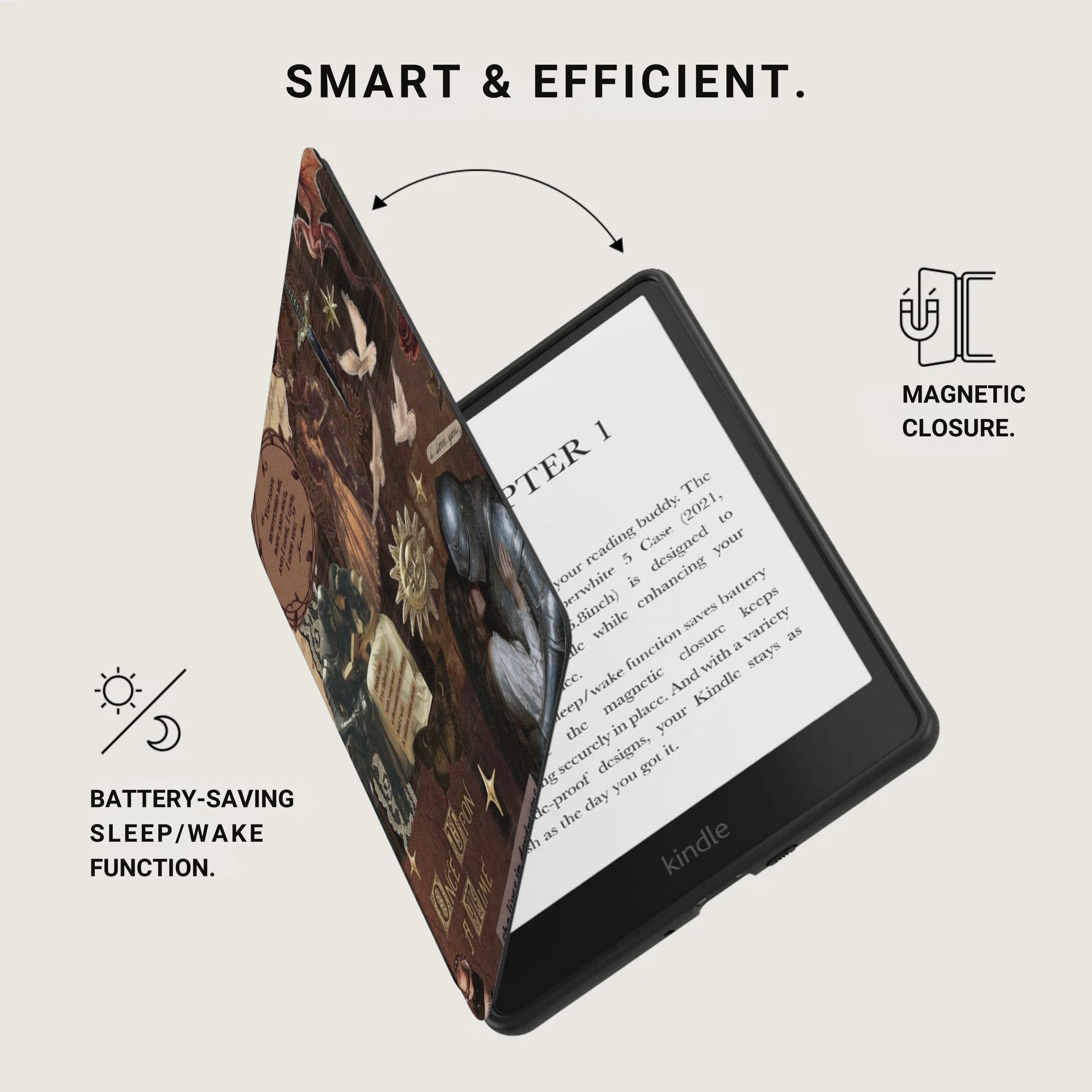 Kindle e-reader with protective case featuring book and mythical art, smart closure, and battery function.